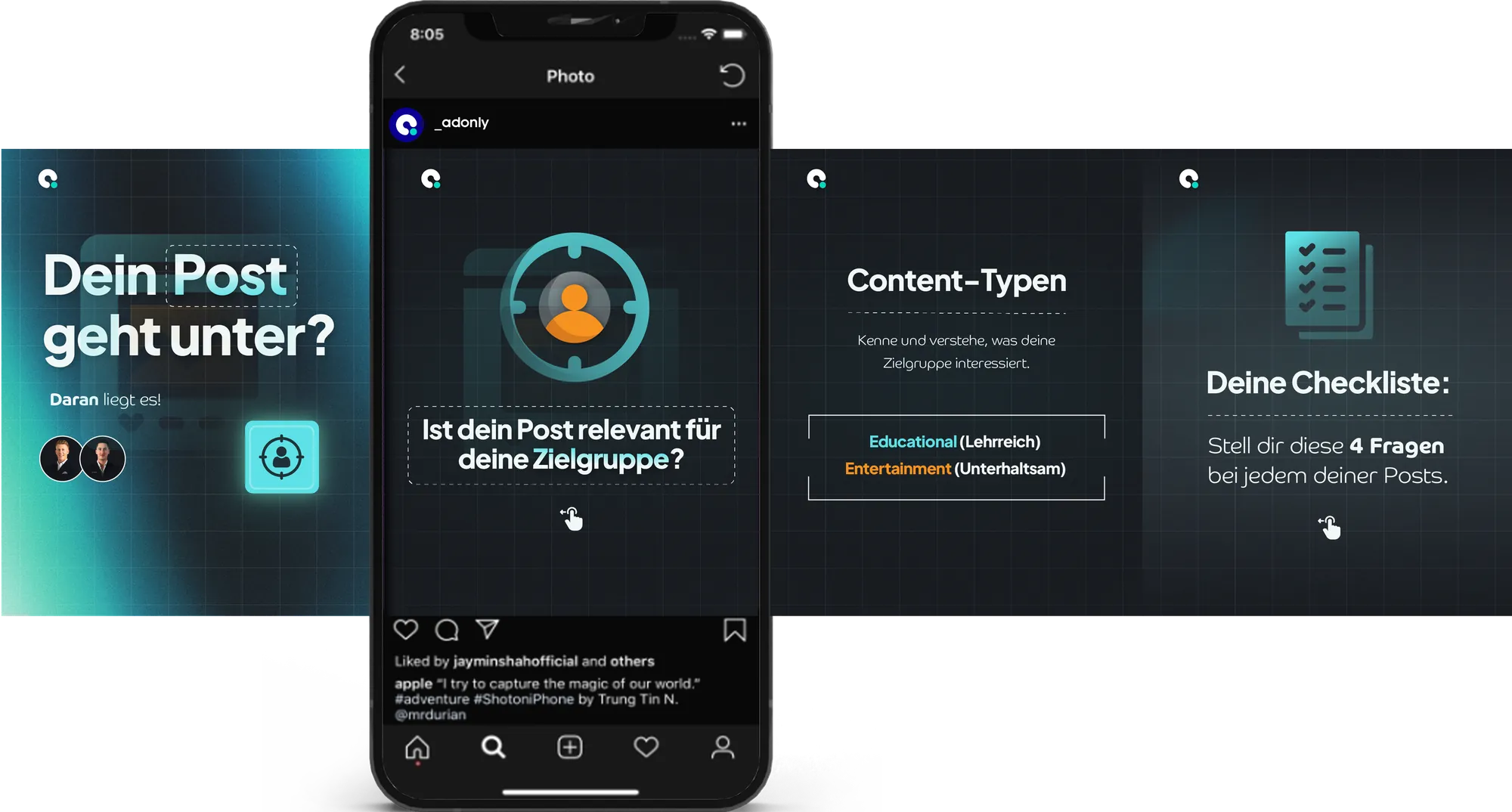 Instagram-Karussell in Türkis, vier Folien mit Checkliste für Posts
