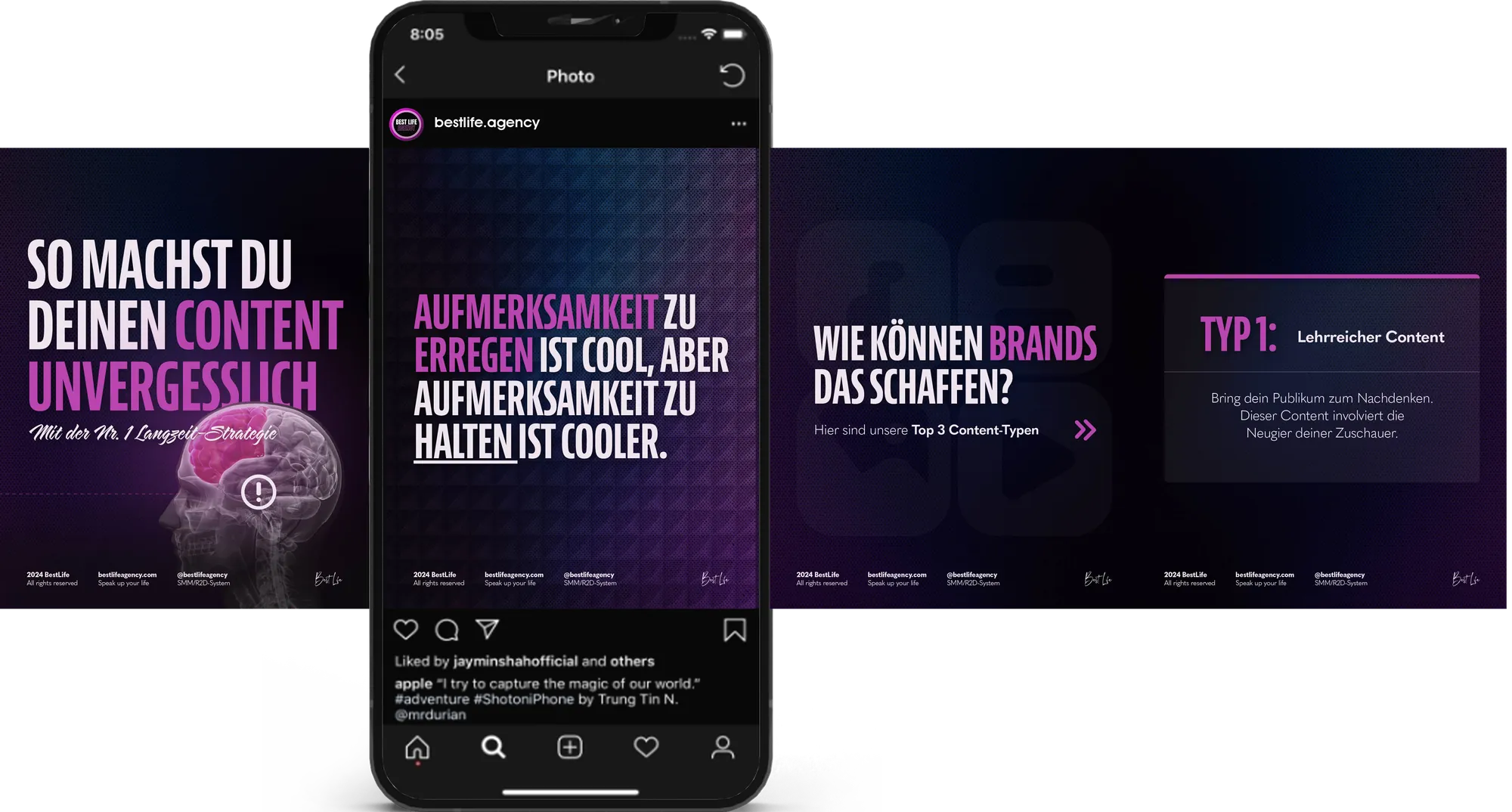 Instagram-Karussell für eine Agentur in Violett, vier Folien zu Content-Typen