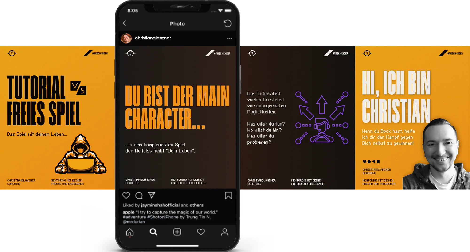 Instagram-Karussell für einen Coach in Orange und Schwarz, vier Folien