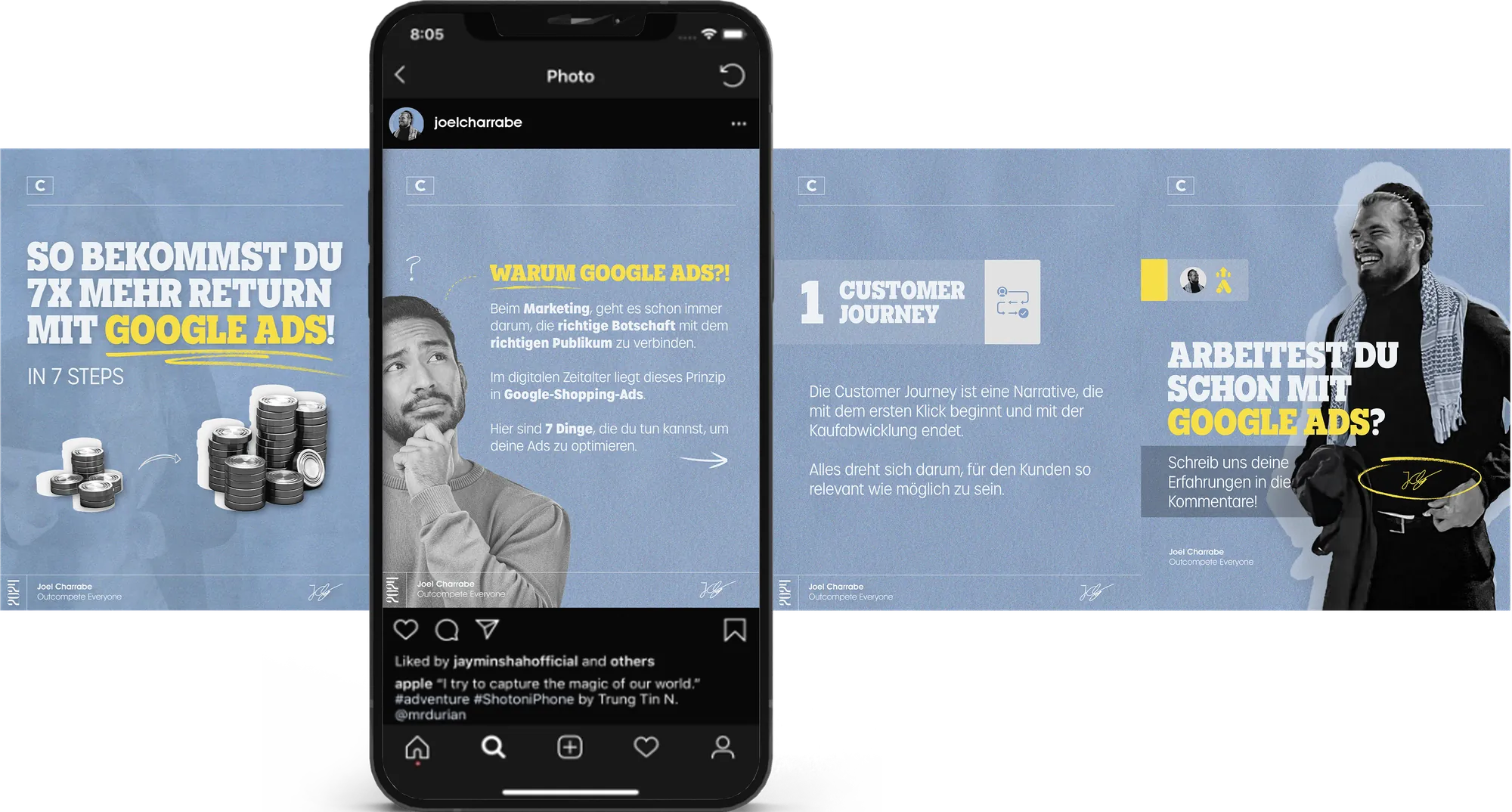 Instagram-Karussell in Blau und Gelb, vier Folien zu Google Ads