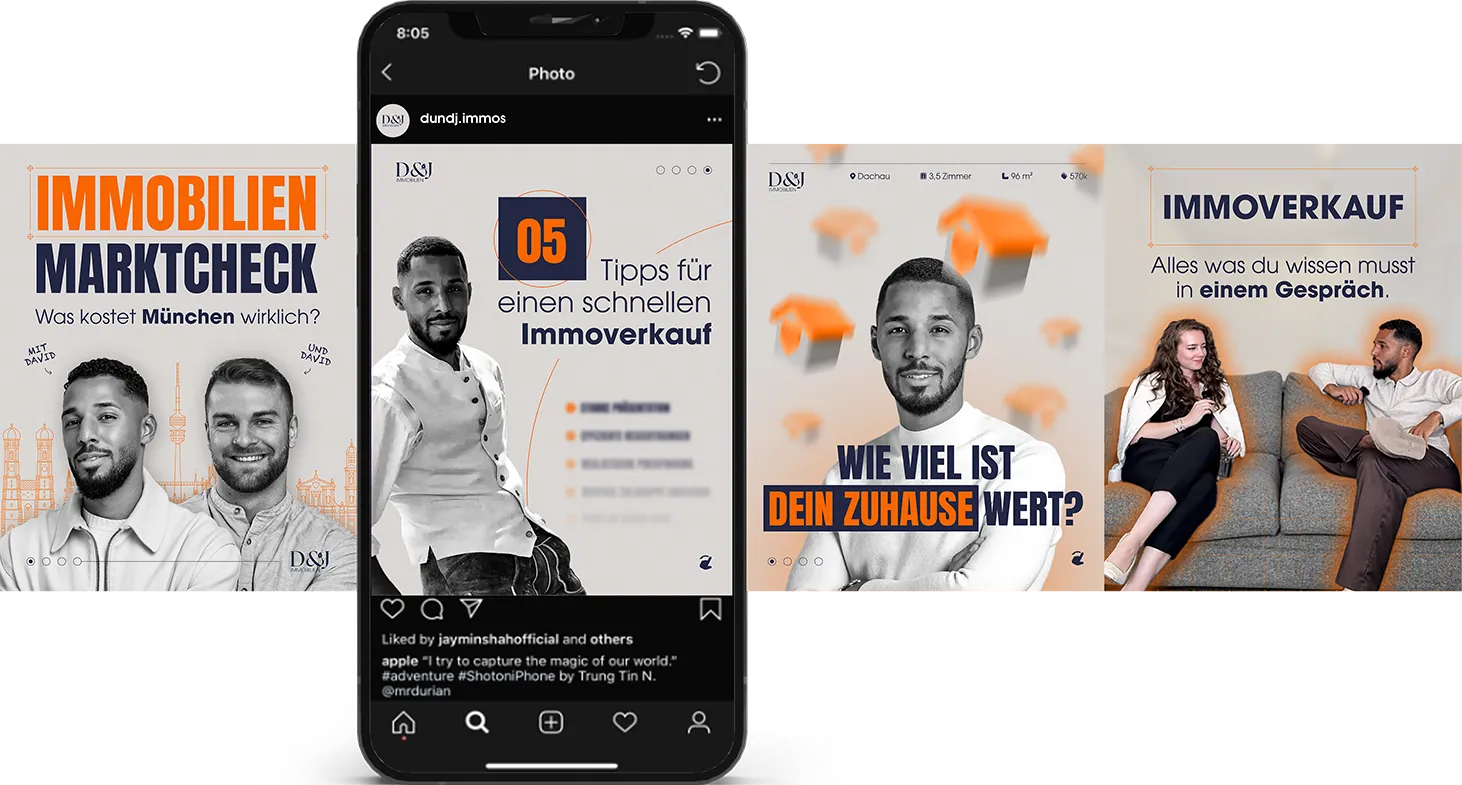Instagram-Karussell für ein Immobilienbüro, vier Folien mit Tipps zum Immobilienverkauf